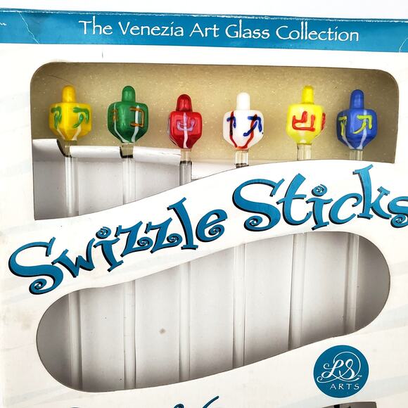ArtGlass Dreidel Swizzle Sticks Set of 6 Hanukkah Drink Stirrers Vtg Party Décor - Picture 2 of 14